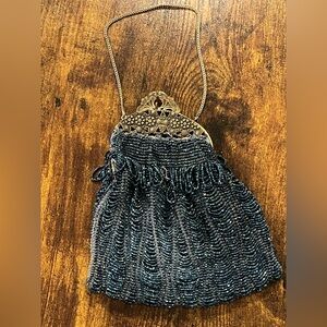 Art Nouveau Edwardian Midnight Blue Glass Beaded Handbag